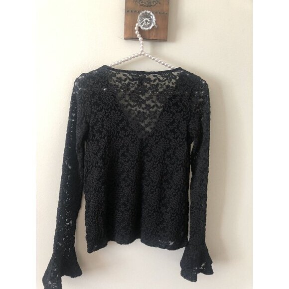 American Eagle Outfitters Size S Black Lace Top Long Bell Sleeves Stretchy - Picture 3 of 5
